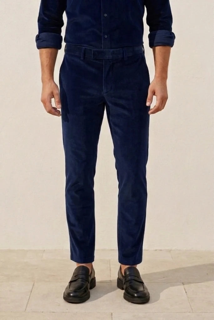 Men Navy Blue Velvet Trouser-Front