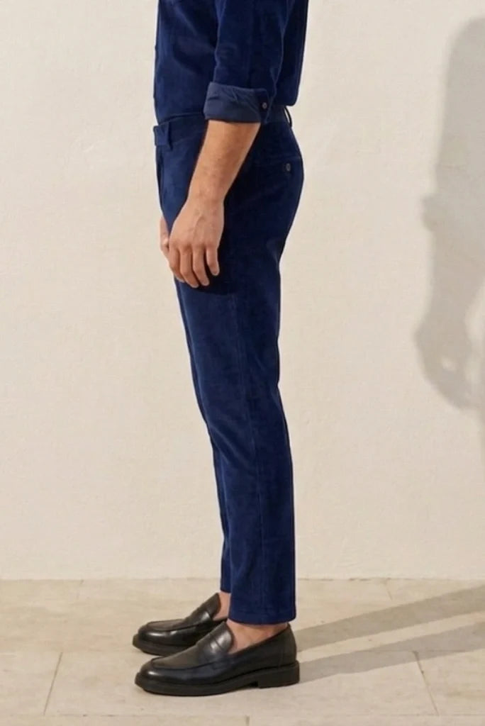 Men Navy Blue Velvet Trouser-Side