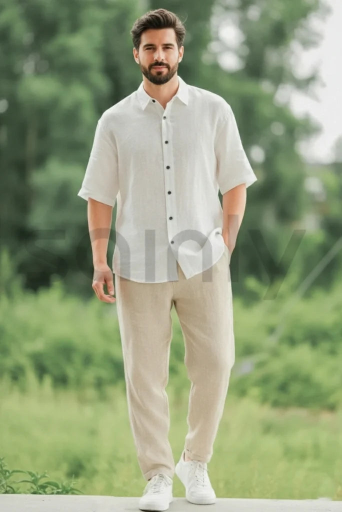 Men’s off-white linen shirt and beige pants-front