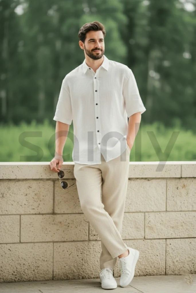 Men’s off-white linen shirt with beige pants for casual wear-side
