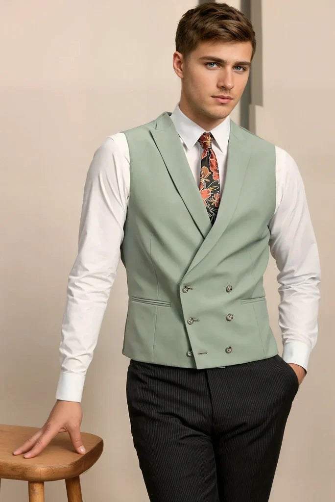 Sage green double breasted waistcoat for men -front