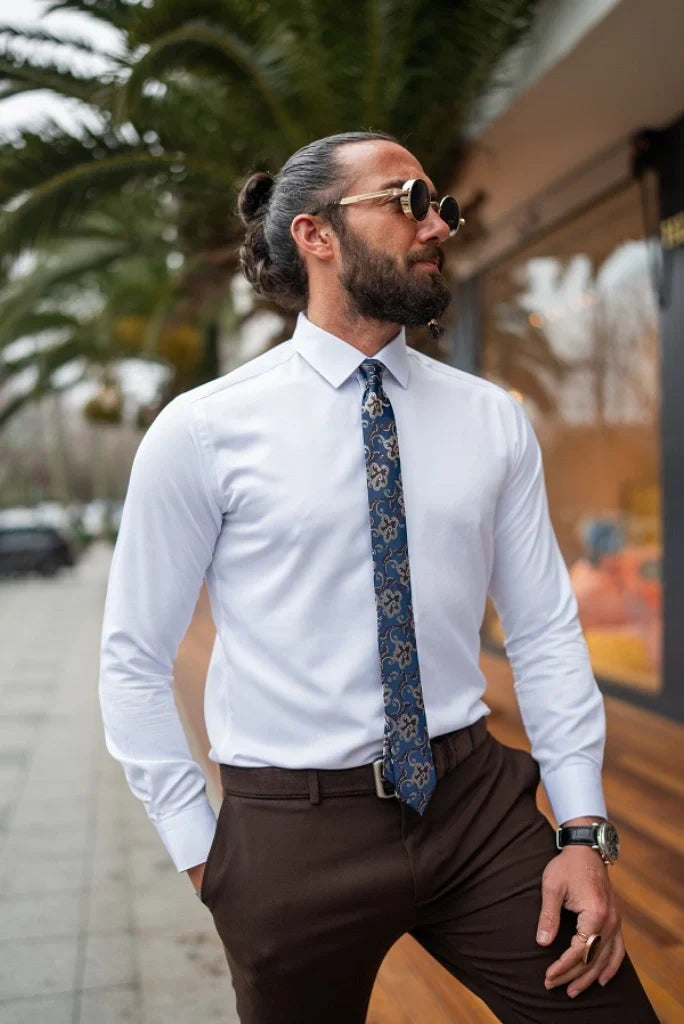 Elegant men’s brown trouser and white shirt- Side