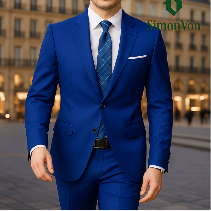 Men's  2pcs Royal Blue Slim Fit  Suit  Set Double Slit Black -FM2598384