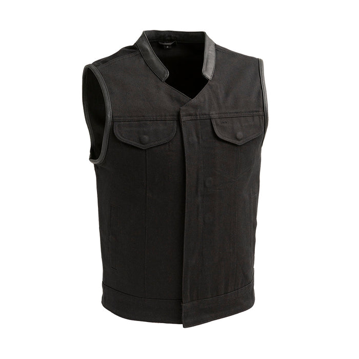 Men's Crossover Vest: True to size
Made in Jet Black lightweight twill fabric
Black Leather Trim on neck and armholes
Two che