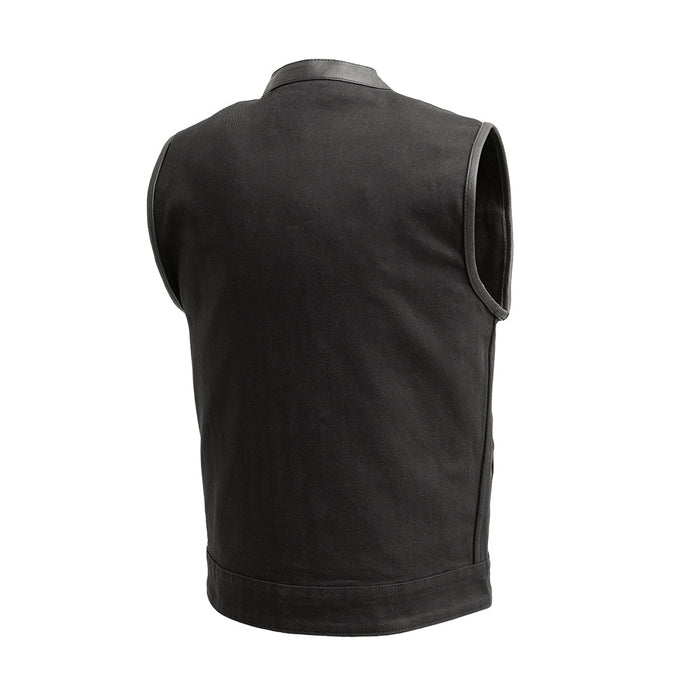 Men's Crossover Vest: True to size
Made in Jet Black lightweight twill fabric
Black Leather Trim on neck and armholes
Two che