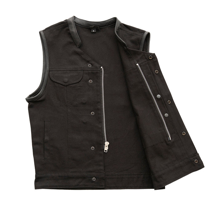 Men's Crossover Vest: True to size
Made in Jet Black lightweight twill fabric
Black Leather Trim on neck and armholes
Two che