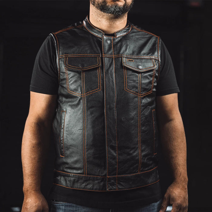 Men's Paisley Leather Cut in Orange worn front view