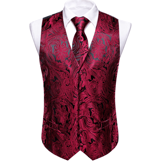Men's Red Black Paisley Silk Vest Necktie Pocket square Cufflinks-MJ-2680 - SimonVon Shop