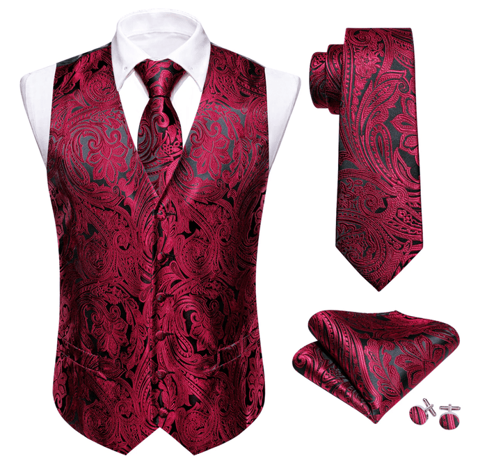 Men's Red Black Paisley Silk Vest Necktie Pocket square Cufflinks-MJ-2680 - SimonVon Shop