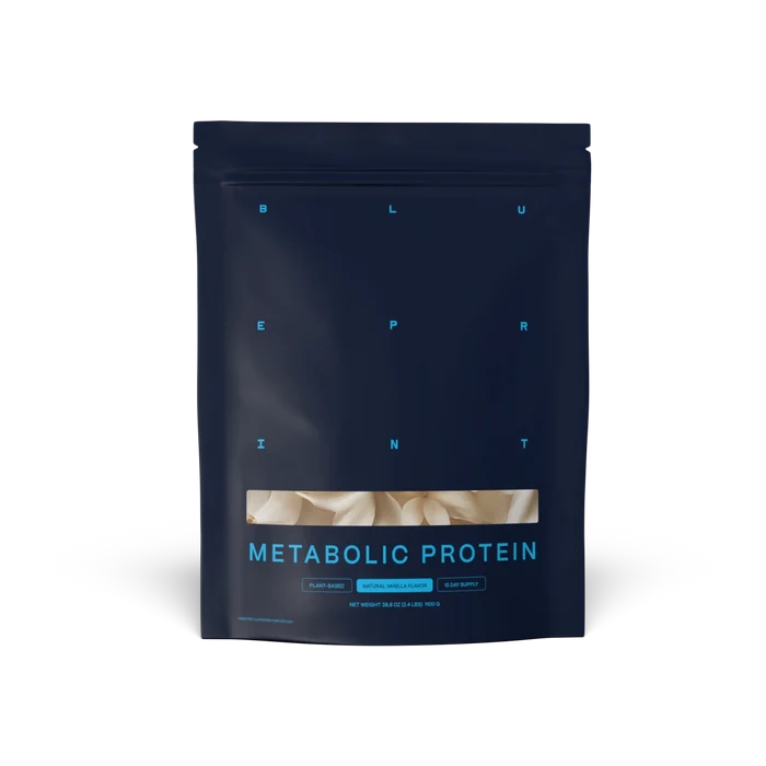 Dark blue package of Metabolic Protein on a white background #vanilla_15-day