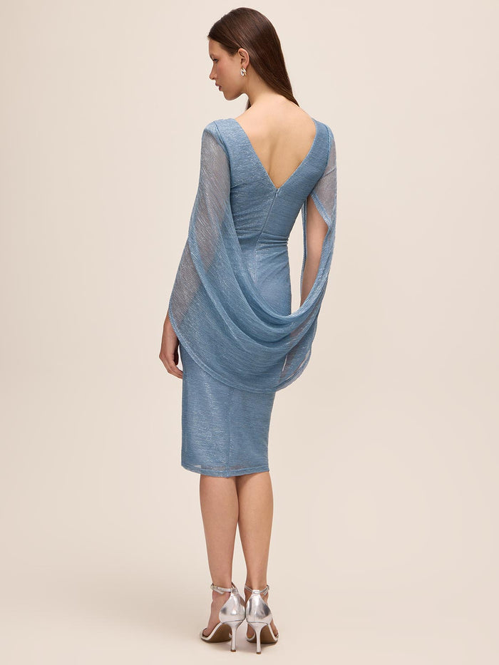 Steel Blue Boat Neck Sheath Dress with Back Cape - Back View - Le Chateau