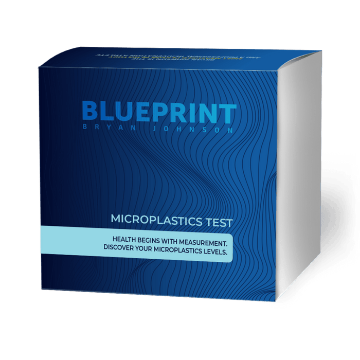 A product image of a box labeled 'Blueprint Bryan Johnson Microplastics Test', which is a kit designed to test for microplastics in the human bloodstream.