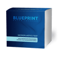 A product image of a box labeled 'Blueprint Bryan Johnson Microplastics Test', which is a kit designed to test for microplastics in the human bloodstream.