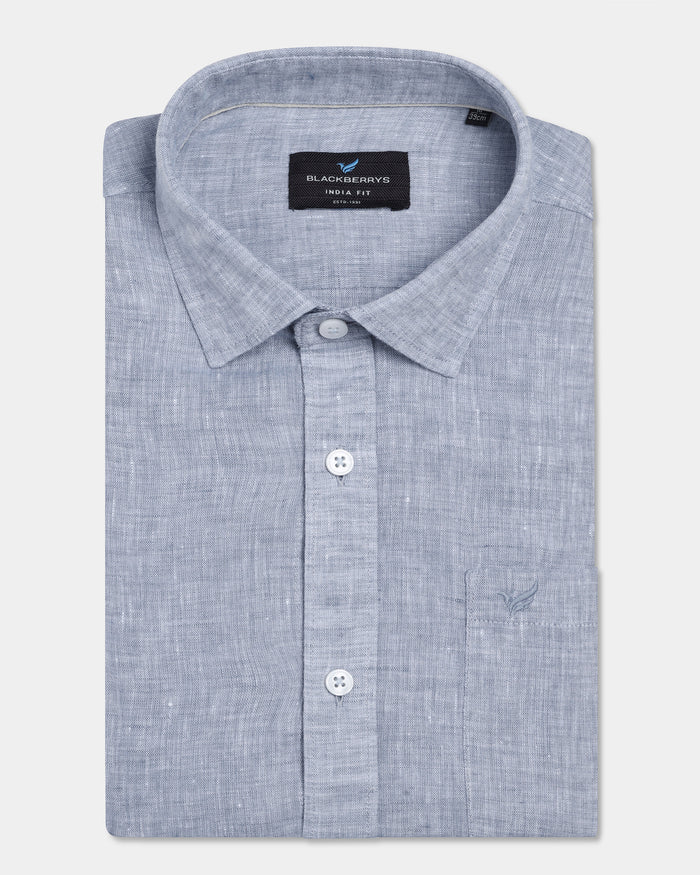 Mid Blue Linen Solid Shirt - Stelo