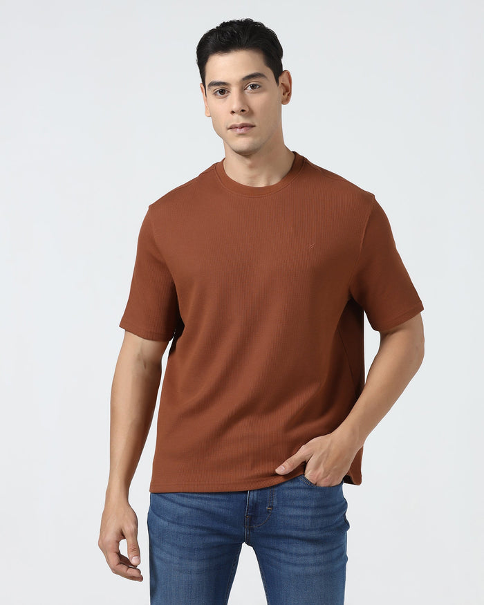 Mid Brown Crew Neck Textured T-Shirt - Lord