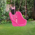 A pink outdoor kids' swing with Minnie Mouse decoration, featuring a safety harness, shown in a backyard setting.