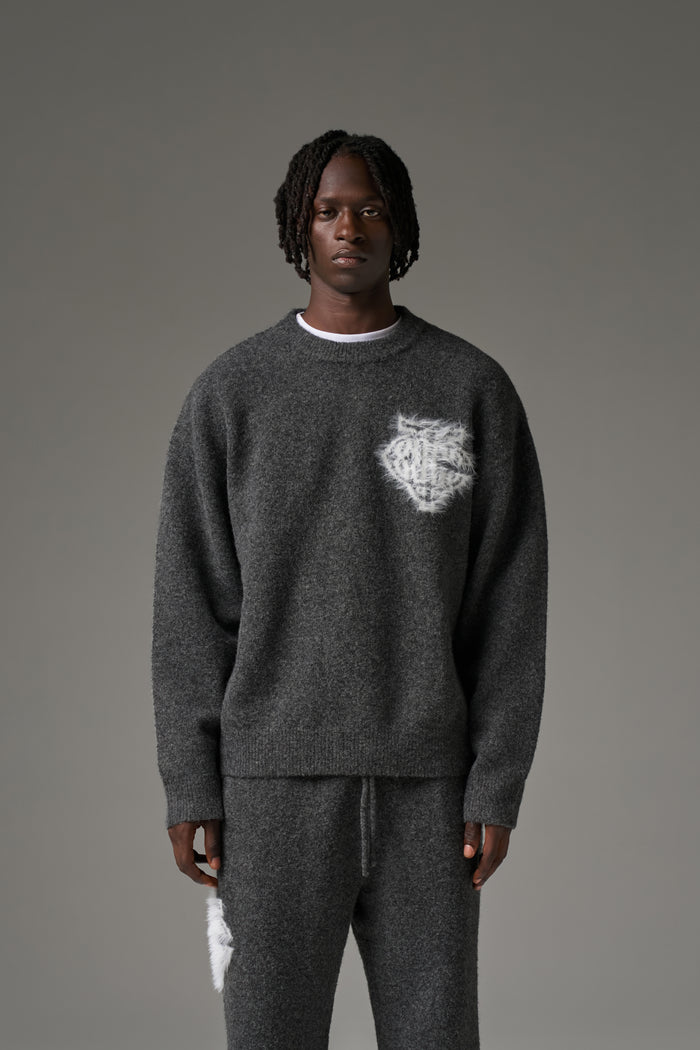MONOGRAM FLUFFY KNIT CREW - CHARCOAL