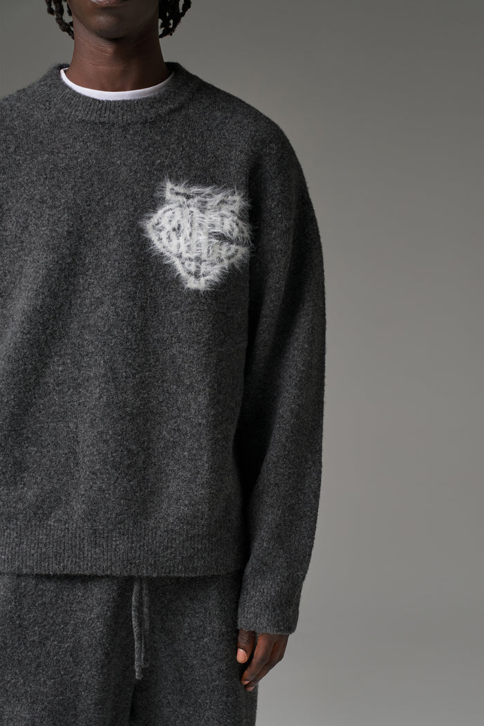 MONOGRAM FLUFFY KNIT CREW - CHARCOAL