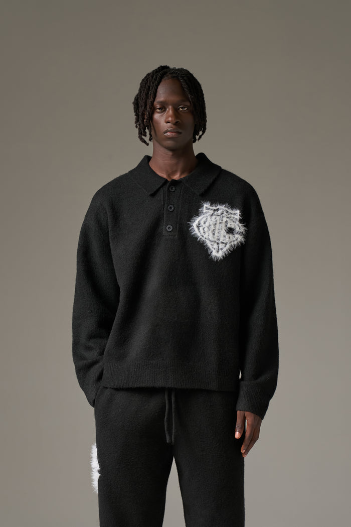 MONOGRAM FLUFFY KNIT POLO - BLACK