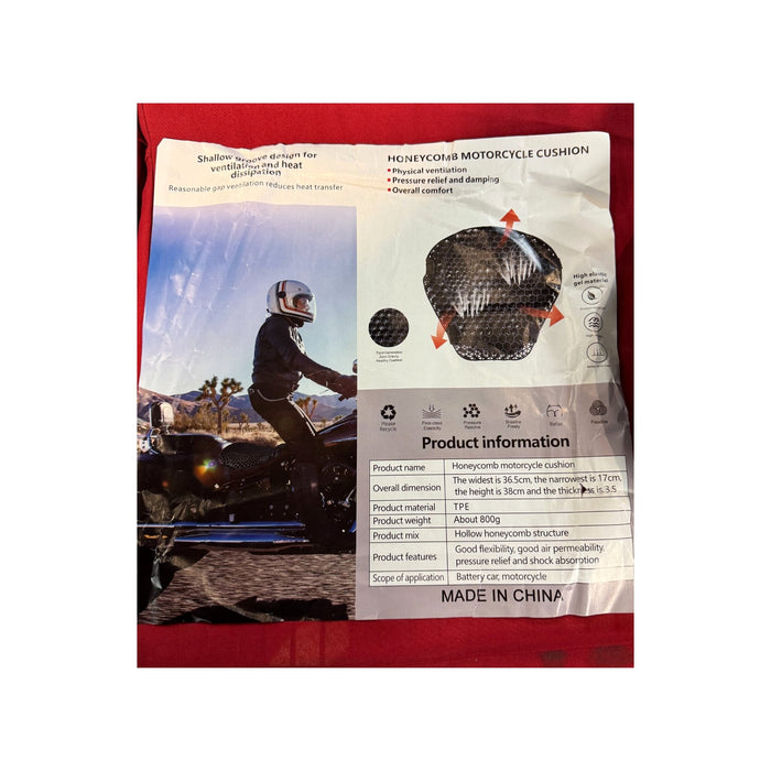 Manufacturer information sheet for the Motorcycle Seat Air Gel Cushion showing dimensions, material, and features
