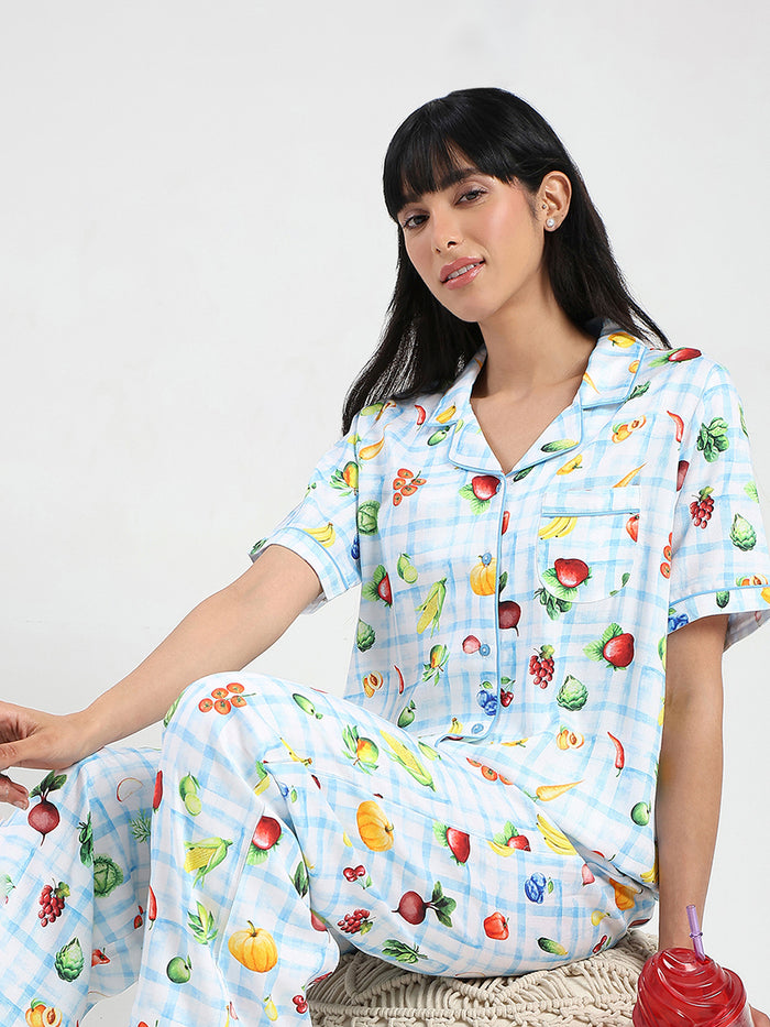 mSECRET Graphic Print Chequered Top and Bottoms Blue Nightsuit