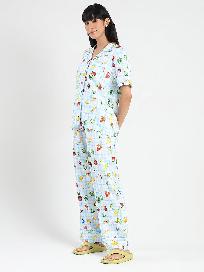 mSECRET Graphic Print Chequered Top and Bottoms Blue Nightsuit