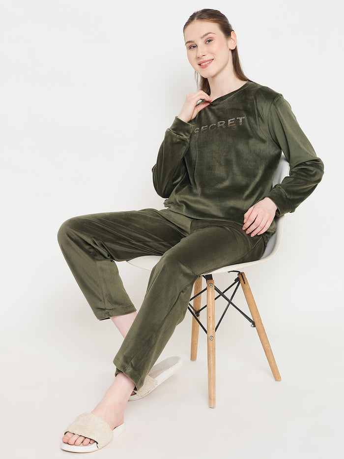 mSECRET Round Neck Embellished Green Sweatshirt
