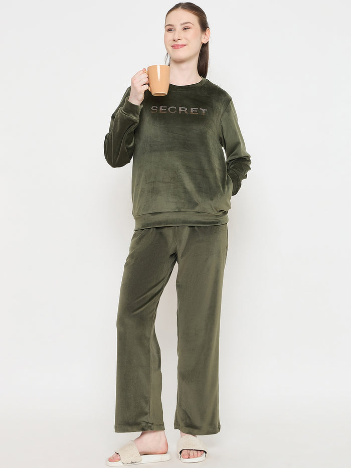 mSECRET Round Neck Embellished Green Sweatshirt