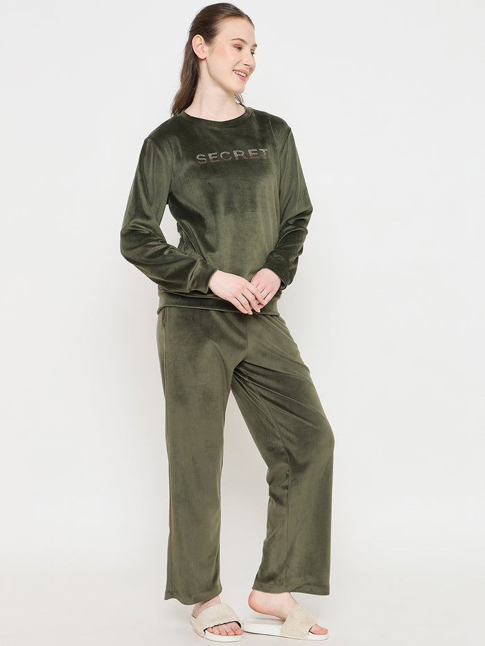 mSECRET Round Neck Embellished Green Sweatshirt