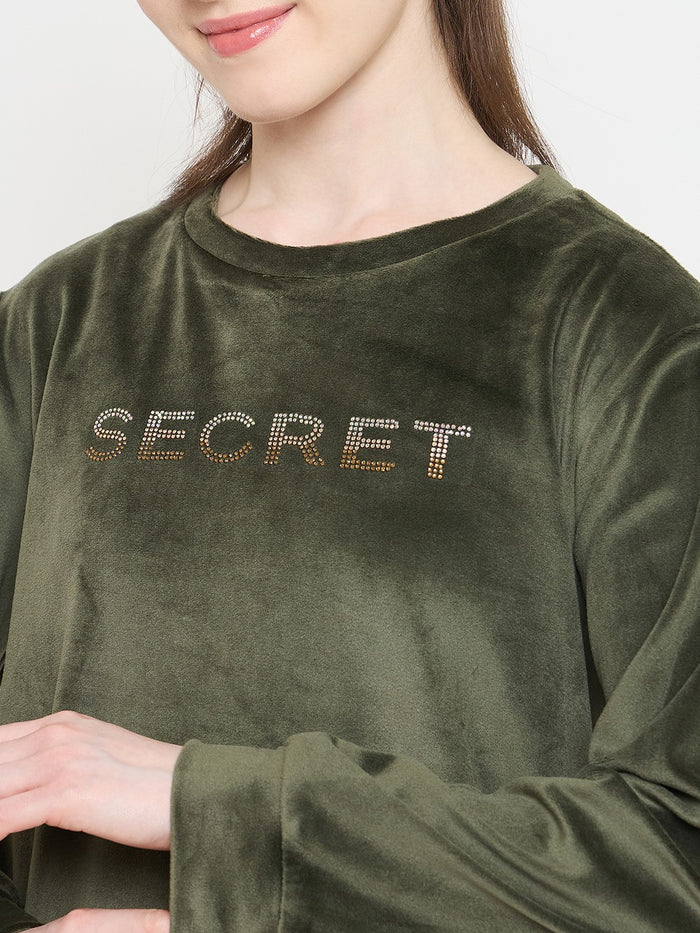 mSECRET Round Neck Embellished Green Sweatshirt