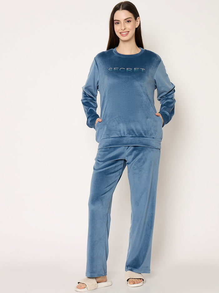mSECRET Round Neck Embellished Teal Sweatshirt