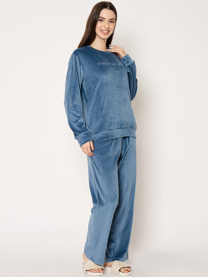 mSECRET Round Neck Embellished Teal Sweatshirt