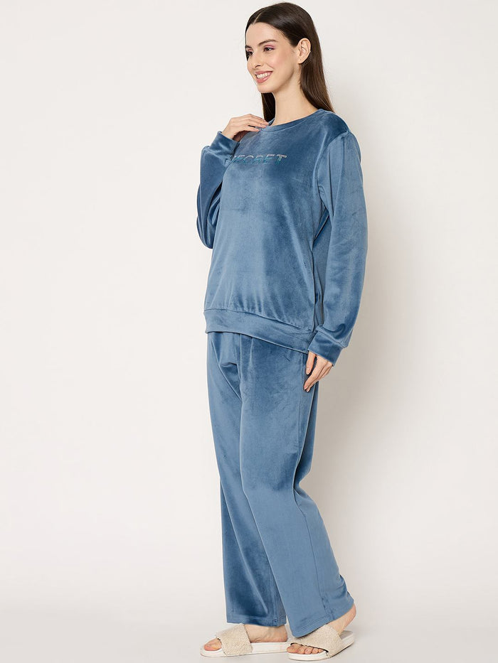 mSECRET Round Neck Embellished Teal Sweatshirt