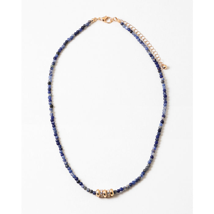 navy beaded necklace gold crystal detail