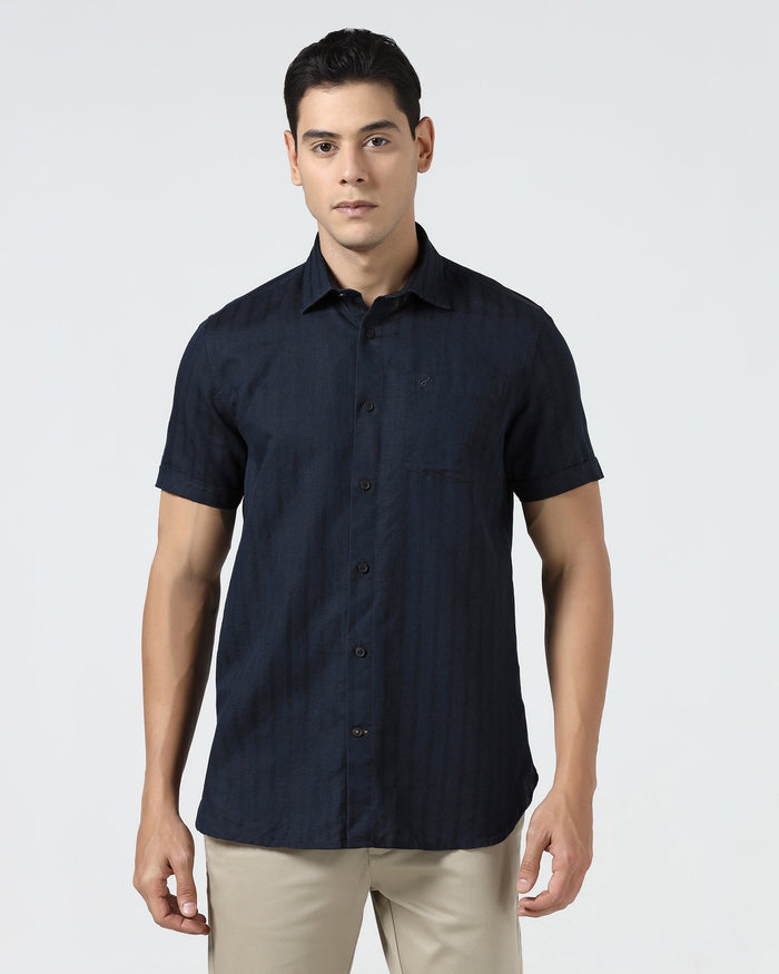 Navy Half Sleeve Linen Stripe Shirt - Sanhok