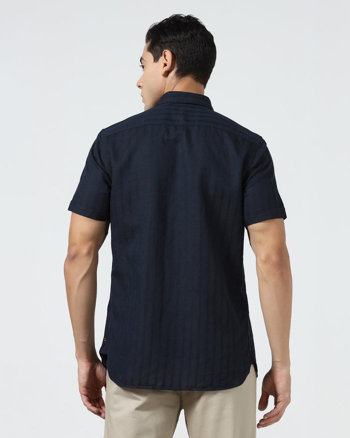 Navy Half Sleeve Linen Stripe Shirt - Sanhok