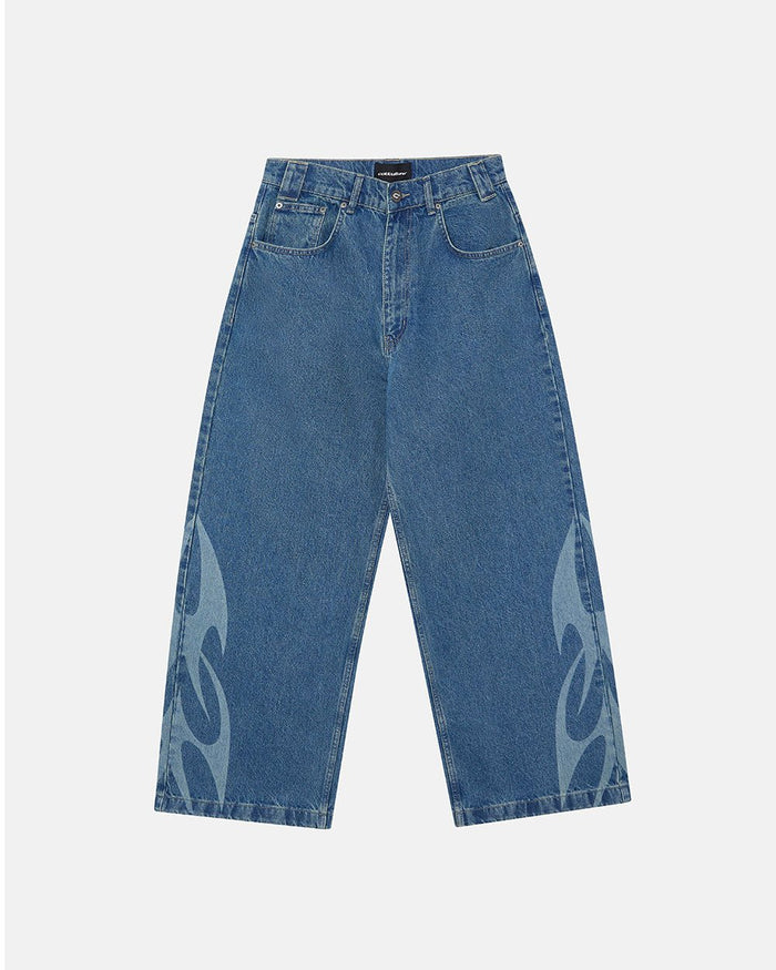 NEOTRIBAL V2 PANTS LIGHT BLUE DENIM - light blue tribal print denim pants, front view - Cold Culture