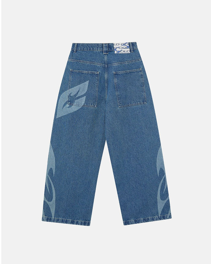 NEOTRIBAL V2 PANTS LIGHT BLUE DENIM - light blue tribal print denim pants, back view - Cold Culture