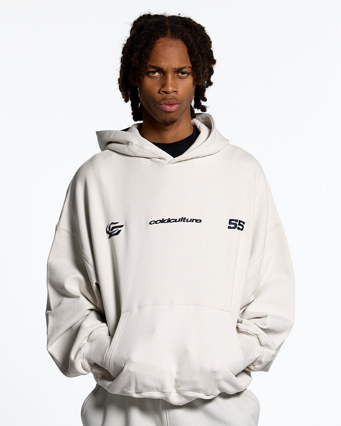 NOVA BEAR HOODIE GREYISH WHITE - off white graphic print hoodie, front view on male model - Cold Culture #man