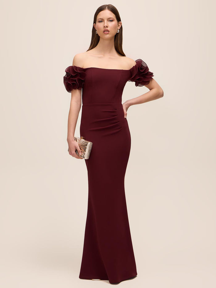 Bordeaux Off-Shoulder Knit Crepe Gown with Chiffon Rosette Sleeves - Woman Wearing Elegant Evening Dress - Le Chateau