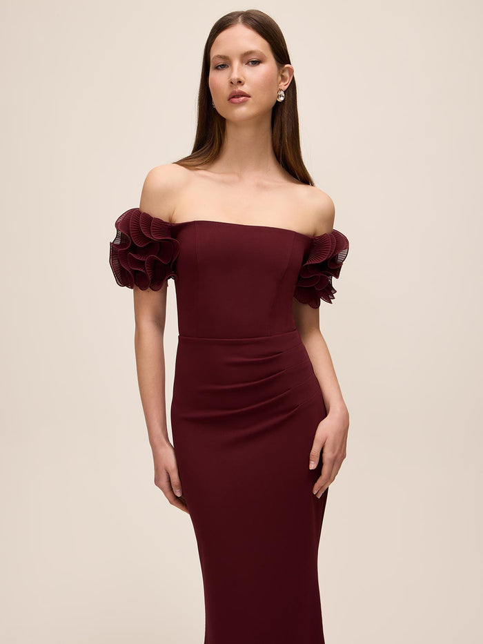 Bordeaux Off-Shoulder Knit Crepe Gown with Chiffon Rosette Sleeves - Front Close-up - Le Chateau