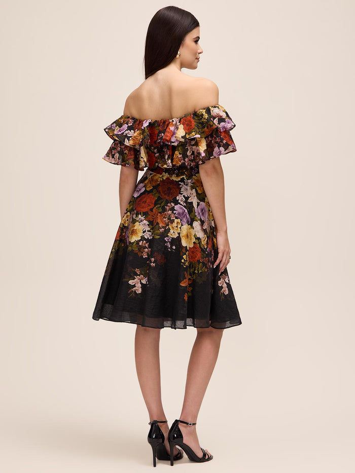 Black and Rust Floral Off-Shoulder Fit and Flare Dress - Back View - Le Chateau