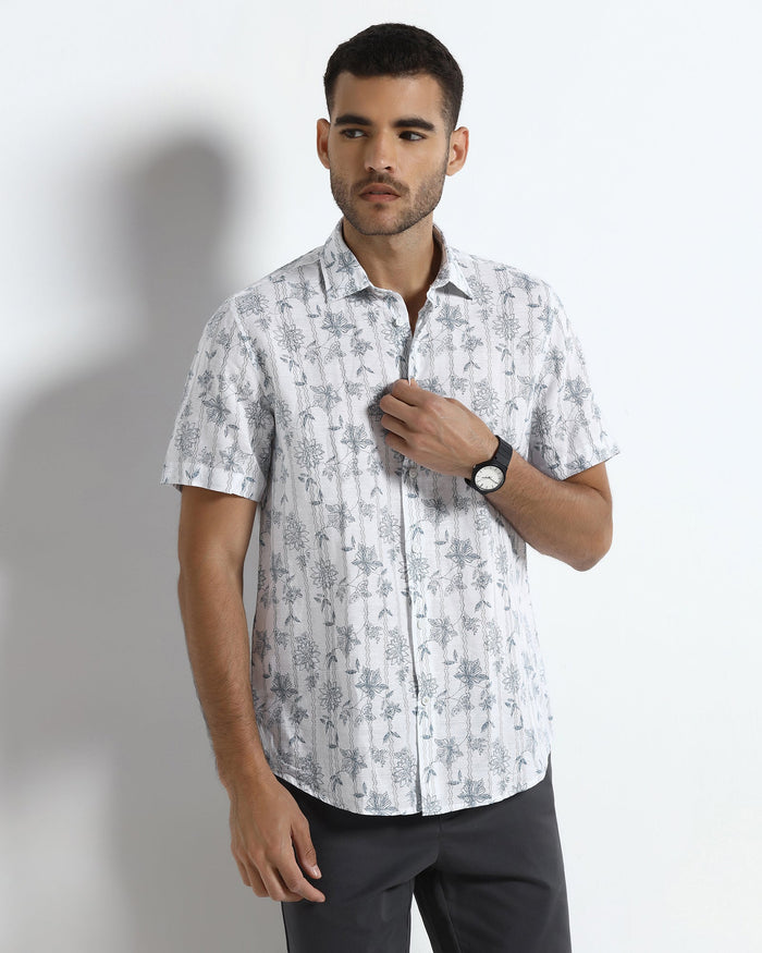 Off White Half Sleeve Linen Printed Shirt - Alvino