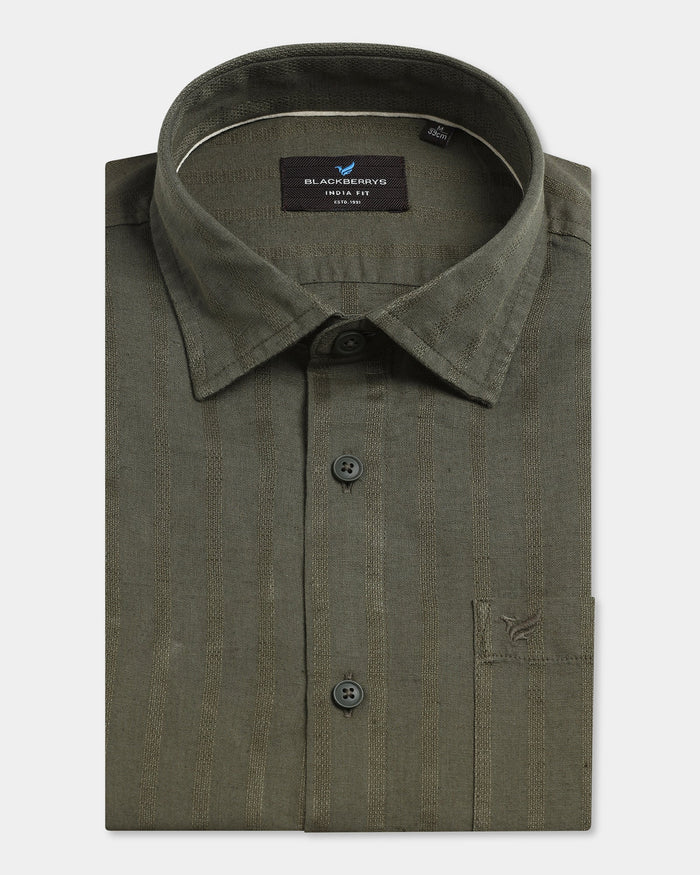 Olive Half Sleeve Linen Stripe Shirt - Sanhok