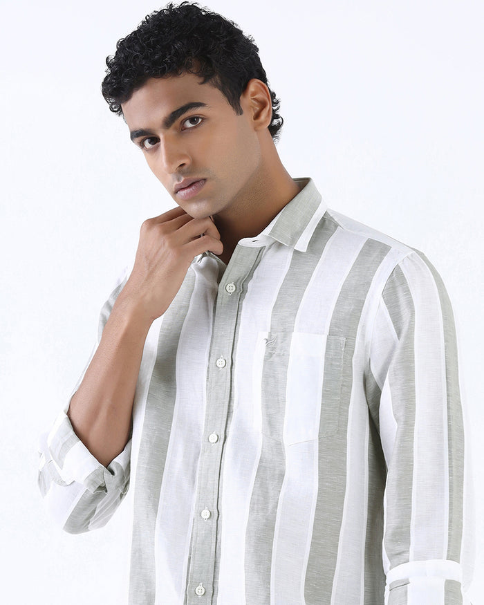 Olive Linen Stripe Shirt - Hanber