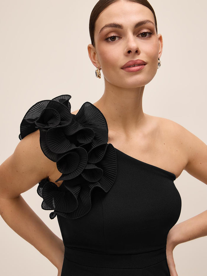 Black One-Shoulder Jumpsuit with Chiffon Ruffle Detail - Close-up Ruffle Detail - Le Chateau