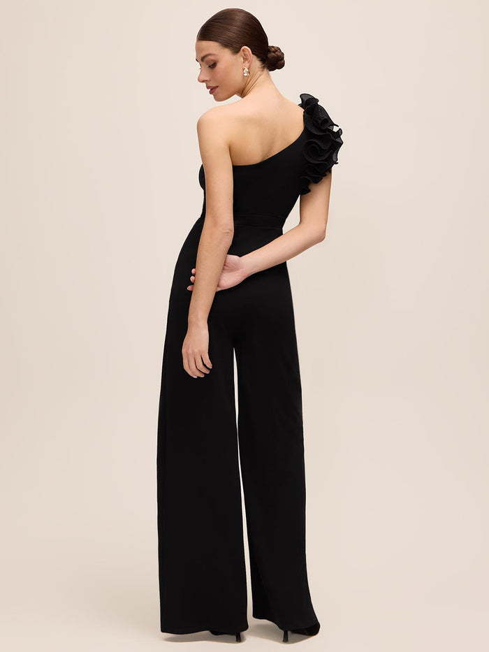 Black One-Shoulder Jumpsuit with Chiffon Ruffle Detail - Back View - Le Chateau