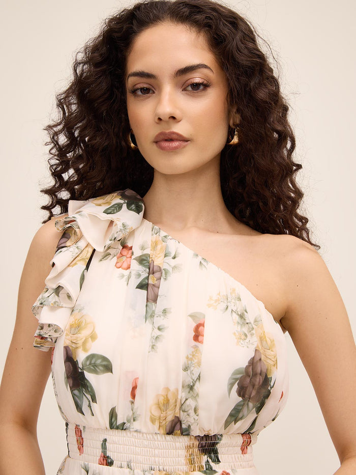 Antique Cream/Rust Ruffled One-Shoulder Tiered Floral Midi Dress - Woman Wearing Elegant Daywear Dress - Le Chateau