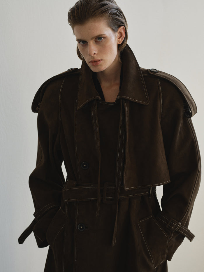 OVERSIZED SUEDE TRENCH COAT IN KHAKI-BROWN