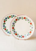 A pair of white plats with blue and red floral pattern around rim.